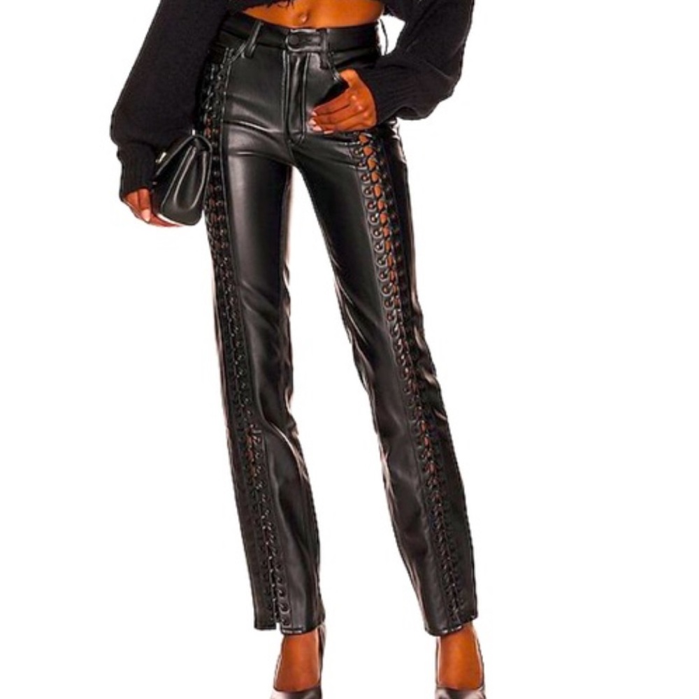 Good American Black Faux Leather Lace-Up Straight Leg Pants
